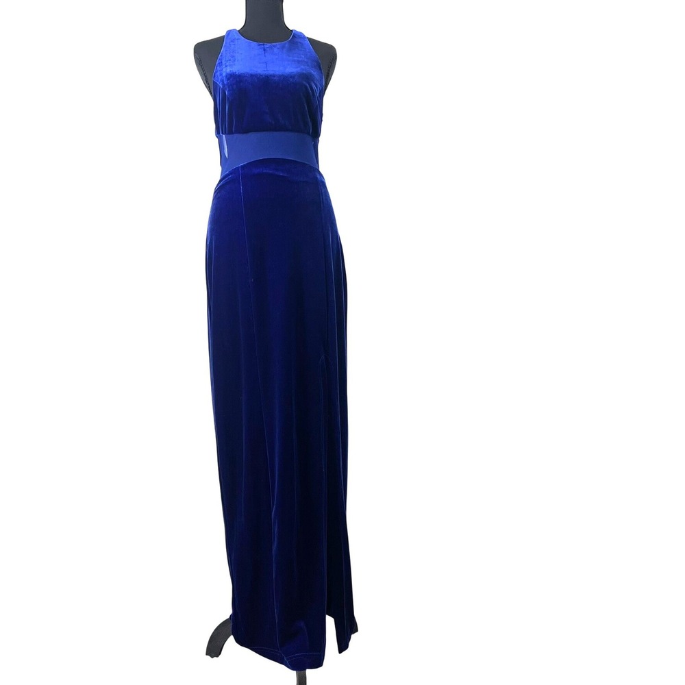 VTG Morgan & Co Royal Blue Velvet Mesh Maxi Dress S Prom Old Hollywood Open Back